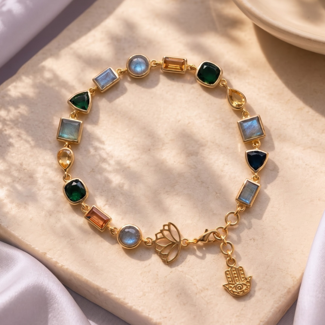 Beracah Abundance Bracelet by Lady of Tarot, featuring Citrine, Green Aventurine, Labradorite and a lotus charm, from Maanya Kohli.
