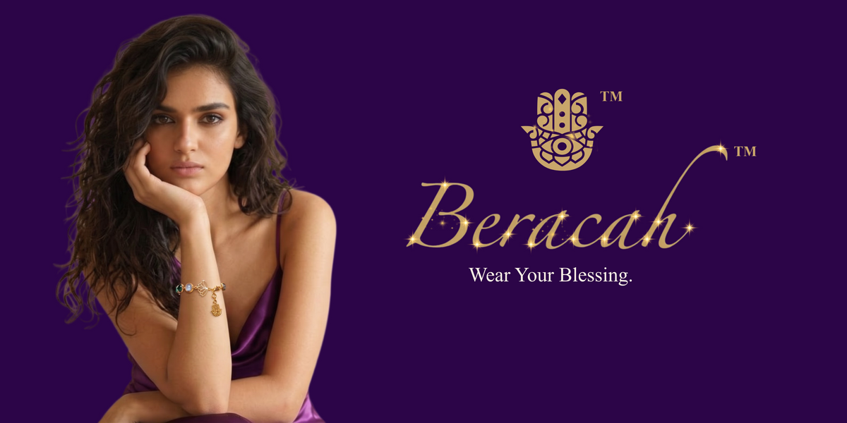 A woman in a purple satin dress poses on the left, wearing a delicate gold bracelet, against a solid purple background with the Beracah brand logo and the text 'Wear Your Blessing' on the right.