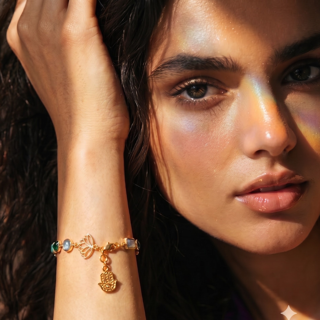 Close-up of the Beracah Abundance crystal bracelet by Lady of Tarot, featuring Citrine and Labradorite beads with a lotus charm, associated with Maanya Kohli.