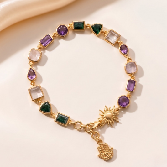 Beracah Wellness Bracelet by Lady of Tarot, featuring Amethyst, Clear Quartz, Green Aventurine and a sun charm, from Maanya Kohli.